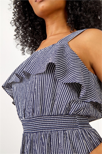 Navy Petite Stripe Print Tiered Shirred Dress, Image 5 of 5