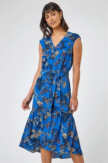 Blue Floral Print Dipped Hem Dress, Image 1 of 5
