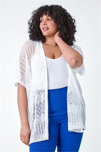 White Curve Pointelle Knit Stretch Cardigan