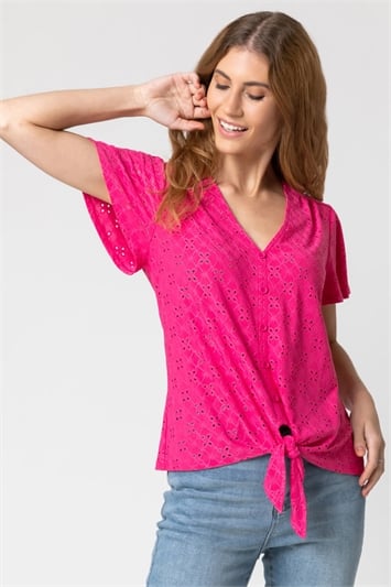 Fuchsia Broderie Stretch Jersey Tie Front Top, Image 1 of 4