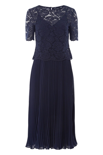 Navy Lace Top Overlay Pleated Midi Dress, Image 5 of 5