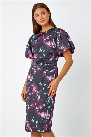 Black Floral Puff Sleeve Ruched Stretch Dress
