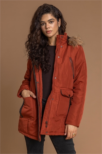Rust Faux Leather Trim Hooded Parka Coat