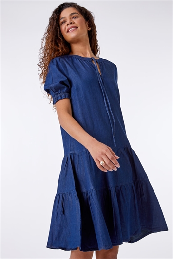 Blue Tiered Denim Puff Sleeve Dress