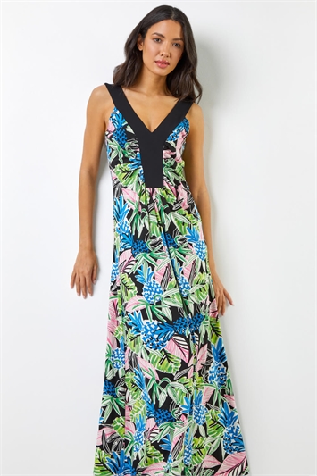 Lime Floral Contrast Band Maxi Dress, Image 1 of 5