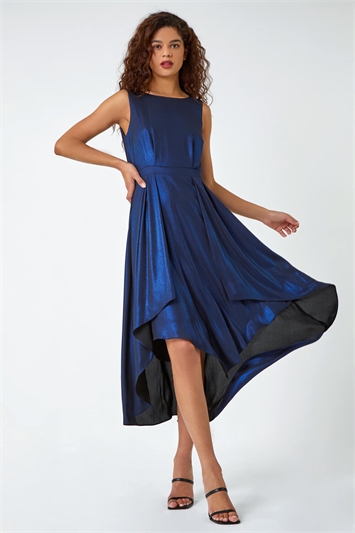Blue Pleat Detail Shimmer Asymmetric Midi Dress