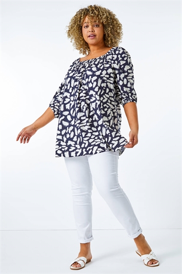Navy Curve Square Neck Printed Top, Image 4 of 5
