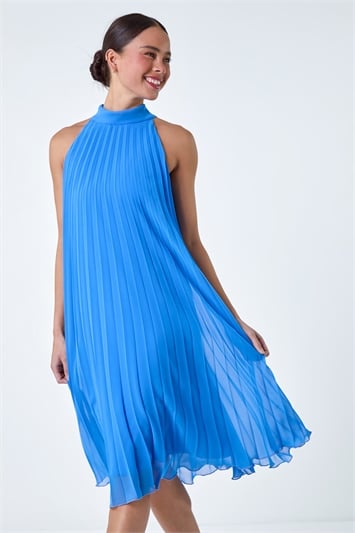 Blue Petite Halter Neck Pleated Dress
