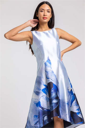 Blue Abstract Print Dipped Hem Midi Dress, Image 1 of 4