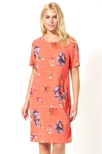 Coral Floral Textured Cotton Cocoon Dress