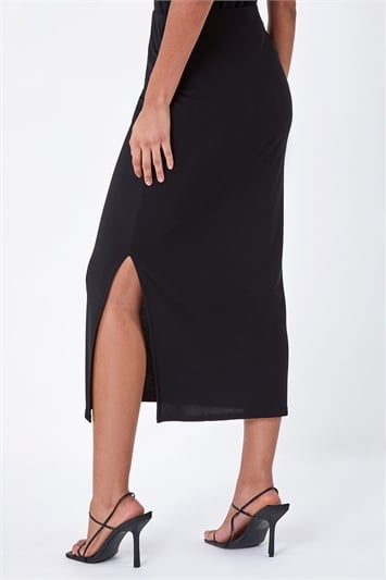 Black Elastic Waist Side Ruched Stretch Midi Skirt