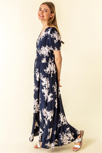 Navy Floral Print Shirred Waist Maxi Dress, Image 4 of 5