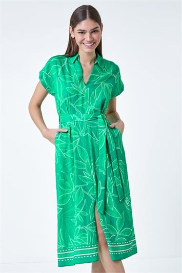 Green Border Leaf Print Midi Dress
