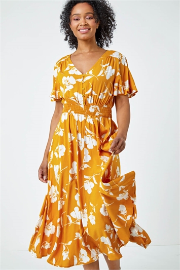 Yellow Petite Floral Print Shirred Midi Dress