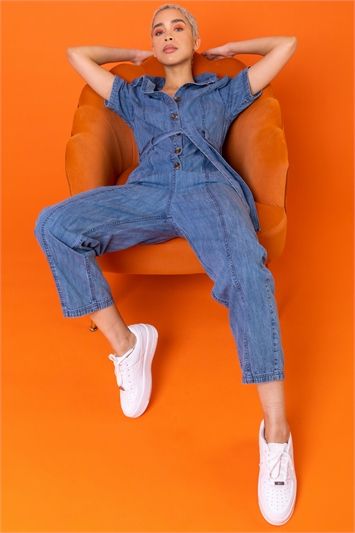 Blue Denim Button Through Belted Jumpsuit, Image 1 of 5