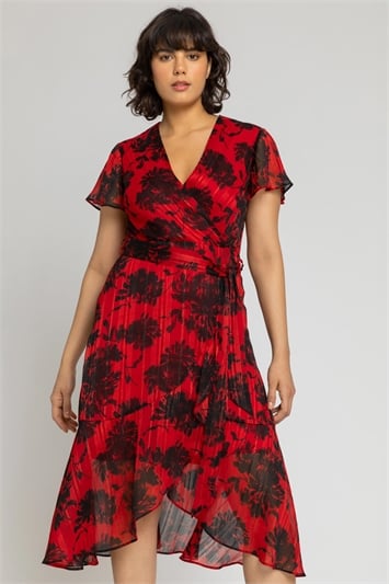 Red Floral Print Chiffon Wrap Midi Dress
