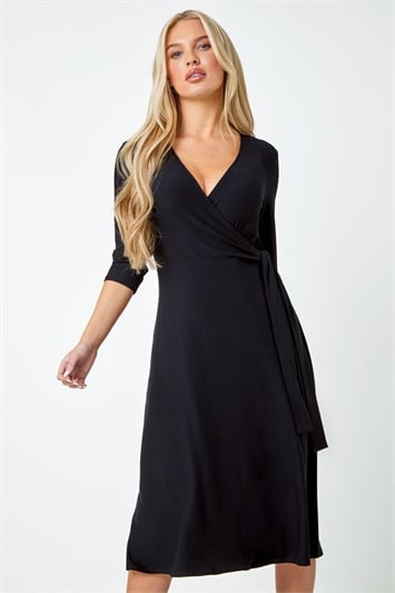 Black Petite Plain Stretch Wrap Midi Dress