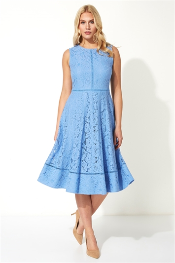 Blue Fit And Flare Lace Midi Dress