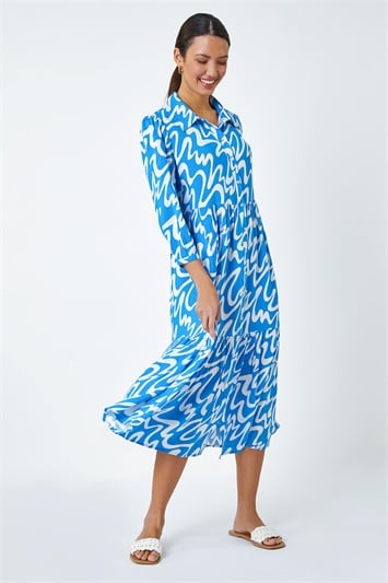 Blue Wave Print Tiered Shirt Dress