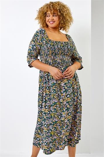 Black Curve Ditsy Floral Shirred Maxi Dress, Image 1 of 6