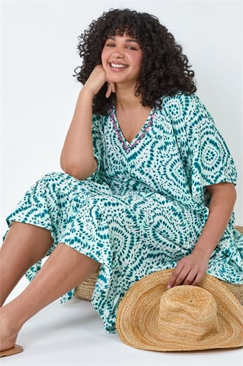 Teal Blue Glitter Printed And Embroidered Plus Size Dress