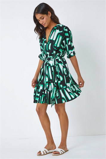 Green Belted Frill Hem Geometric Print Dress