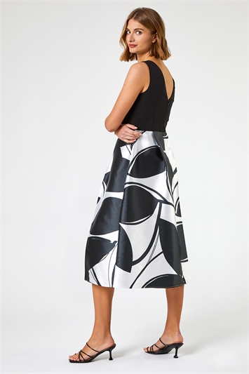 Black Contrast Leaf Print Fit & Flare Dress, Image 3 of 4