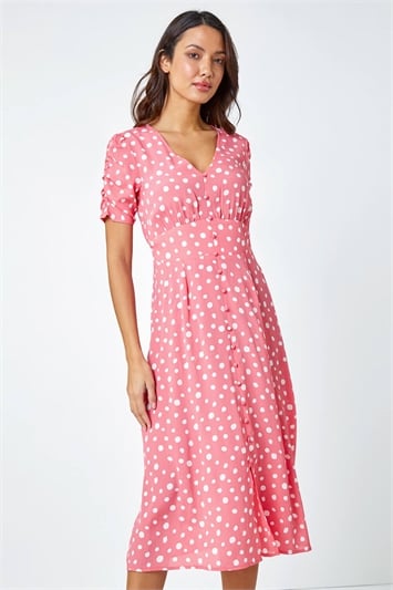 Pink Polka Dot Ruched Sleeve Midi Dress
