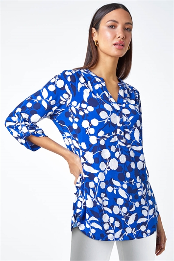 Blue Textured Floral Print Stretch Shirt