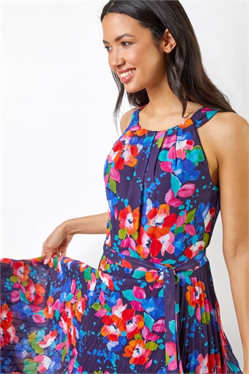 Navy Floral Print Pleated Maxi Dress, Image 4 of 5