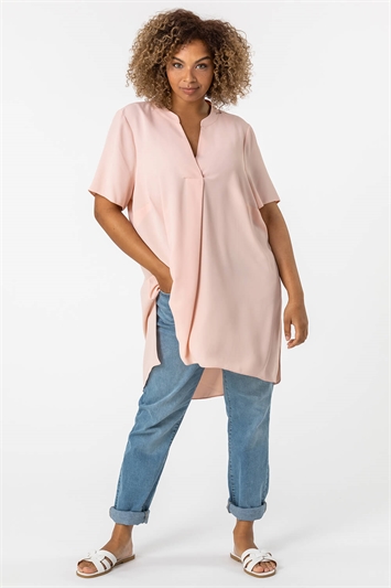 Pink Curve Pleat Detail Tunic Top