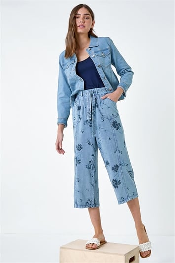 Blue Floral Print Culotte Trousers