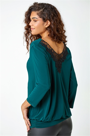 Green Lace Back Cowl Neck Stretch Top