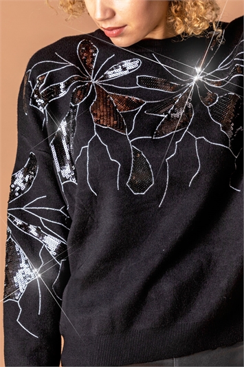 Black Floral Sequin Embellished Jumper, Image 4 of 4