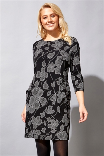 Black Textured Floral Print Pocket Dress