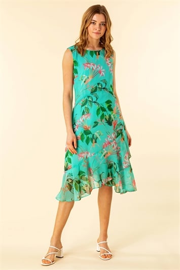 Turquoise Tropical Print Chiffon Dress, Image 3 of 4