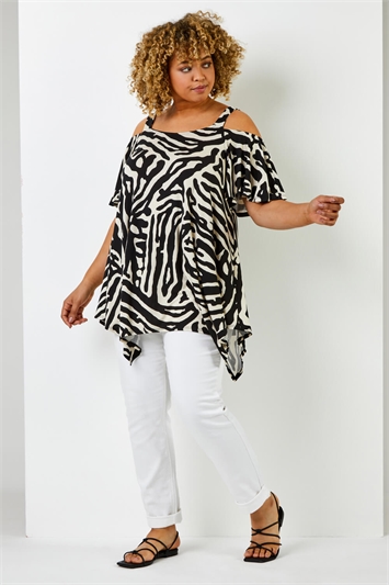 Black Curve Abstract Animal Print Cold Shoulder Top, Image 3 of 5