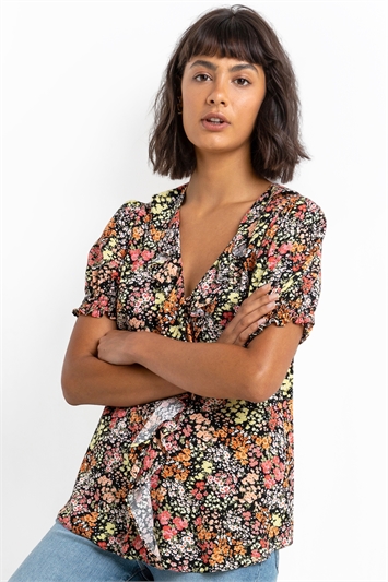 Pink Floral Print Frill Detail Blouse, Image 4 of 6
