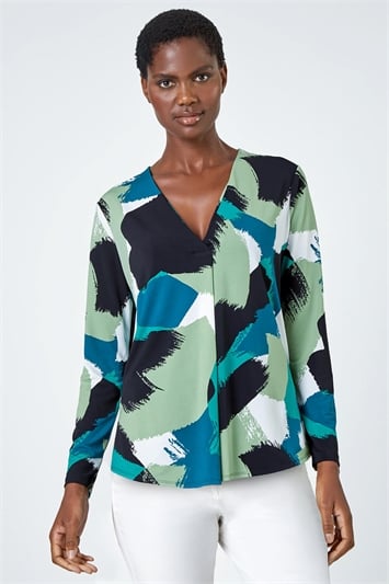 Green Abstract Print Pleat Stretch Top