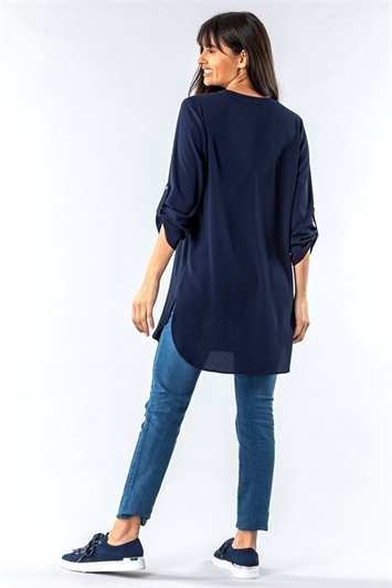Navy Longline Button Detail Tunic Top, Image 3 of 4
