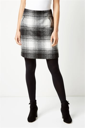 Checked Zip Detail Brushed Skirt in Black - Roman Originals UK