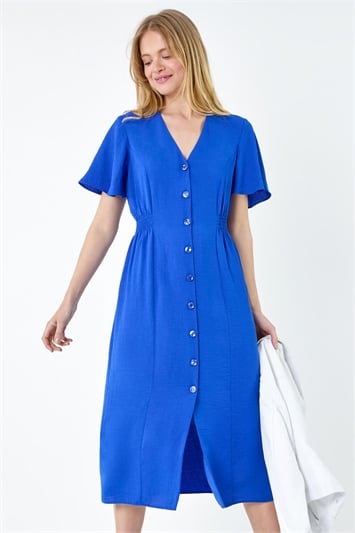 Blue Button Through Shirred Midi Dress