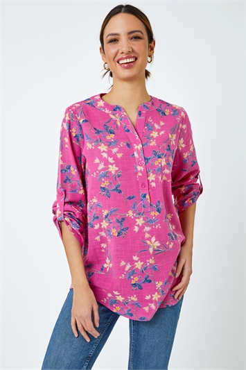 Pink Cotton Floral Print V-Neck Overshirt