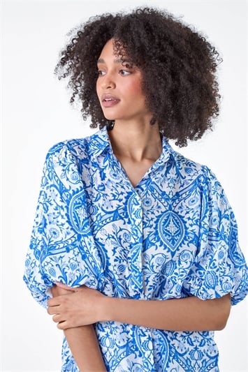 Blue Floral Print Puff Sleeve Shirt