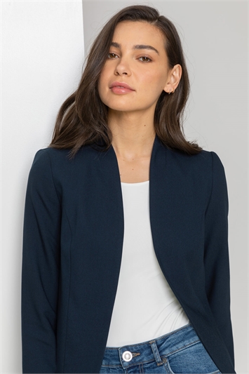 Navy Cropped High Collar Crepe Jacket, Image 4 of 4