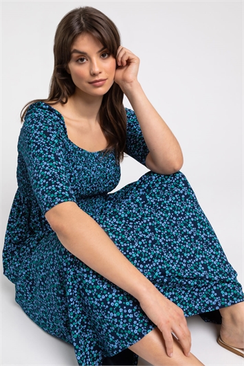 Blue Curve Ditsy Floral Shirred Midi Dress, Image 5 of 5