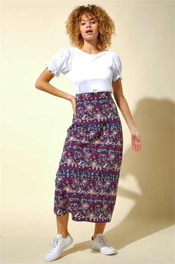 Floral Printed Longline Skirt in Purple - Roman Originals UK