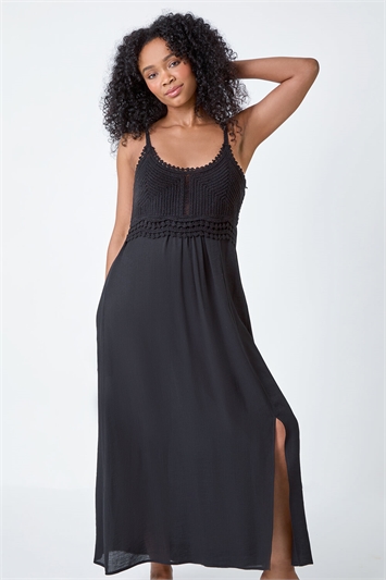 Black Petite Crochet Bodice Cotton Maxi Dress