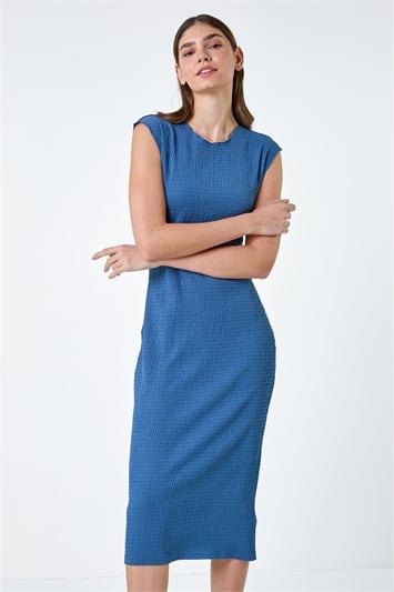 Blue Textured Stretch Bodycon Dress