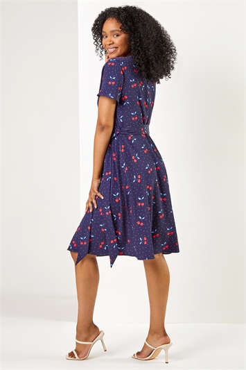 Navy Petite Cherry Spot Print Wrap Dress, Image 3 of 5